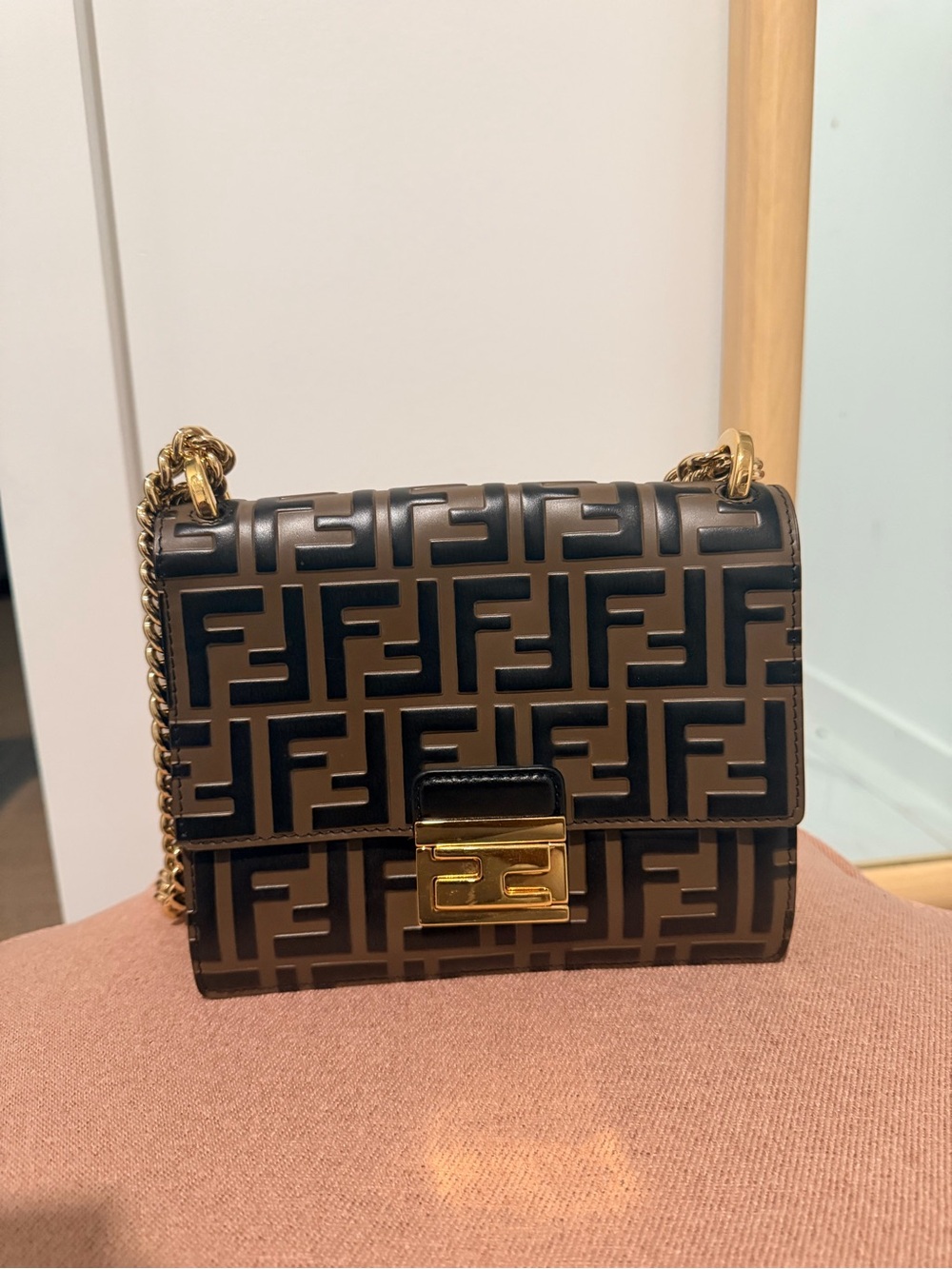 Fendi Black & Brown FF Logo Crossbody with Gold Chain